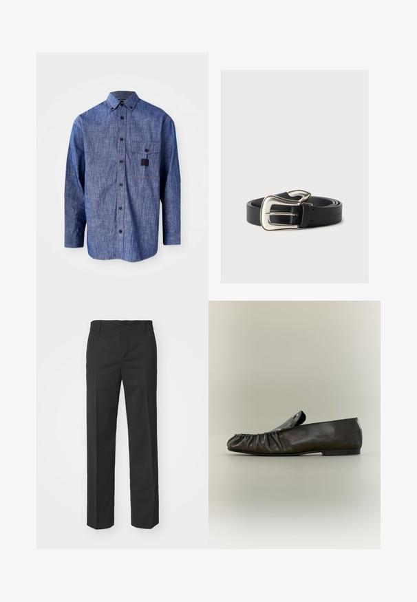Blaues Denim-Hemd mit langen Ärmeln und Button-Down-Kragen, Brusttasche und subtiler Textur. Verfügt über dunkle Knöpfe und kontrastierende Nähte.; Filippa K TROY TROUSERS - Stoffhose - black; Schwarzer flacher Lederschuh mit gerafften Details entlang der Vorderkante, niedrigem Absatz und glattem, abgerundetem Rücken, fotografiert vor neutralem Hintergrund.; Schwarzer Ledergürtel mit großer silberner Western-Schnalle, auf einem neutralen Hintergrund aufgewickelt.
