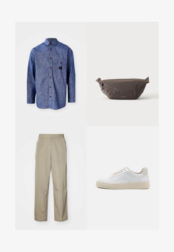 Blaues Denim-Hemd mit langen Ärmeln und Button-Down-Kragen, Brusttasche und subtiler Textur. Verfügt über dunkle Knöpfe und kontrastierende Nähte.; Beige leichte Hose mit lockerer Passform, ausgestattet mit einem elastischen Bund und seitlichen Taschen. Der Stoff wirkt strukturiert und leicht zerknittert.; Weiße Sneaker mit einem glatten Lederobermaterial, beigen Schnürsenkeln und einer strukturierten, beigen Wildleder-Fersenschlaufe. Erhöhte Sohle für zusätzlichen Komfort.; Dunkelbraune Stoff-Gürteltasche mit diagonalem Reißverschlussfach und kleinem weißen Logo vorne, vor einem einfarbigen hellen Hintergrund.