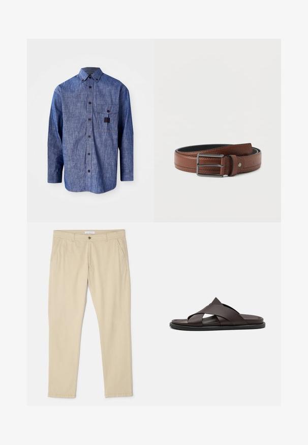 Blå denim skjorte med lange ærmer, knapkrave, brystlomme og subtil tekstur. Indeholder mørke knapper og kontraststik.; Beige bomulds chinos med lige snit, der har to sidelommer, en frontlukning med knap og subtile syninger.; Stuart Weitzman BERKLEY - Slip-on sandaler - espresso; Brunt tekstureret læderbælte med sølv rektangulær metalspænde, rullet pænt på en hvid baggrund.