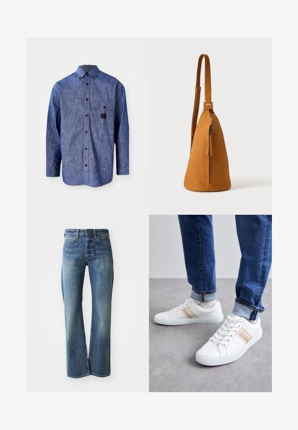 Blå denim skjorte med lange ærmer, knapkrave, brystlomme og subtil tekstur. Indeholder mørke knapper og kontraststik.; Denim jeans med en lys til mellemblå farve, lige ben skæring, klassisk fem-lommer design og subtil falmning foran.; Hvide lædersneakers med multicolore striber, snørebåndsdesign, gummisål og polstret krave, parret med blå denimjeans.; Tan læder crossbodytaske med justerbar rem og lodret lynlåslomme, vist fra siden mod en ensfarvet lys baggrund.