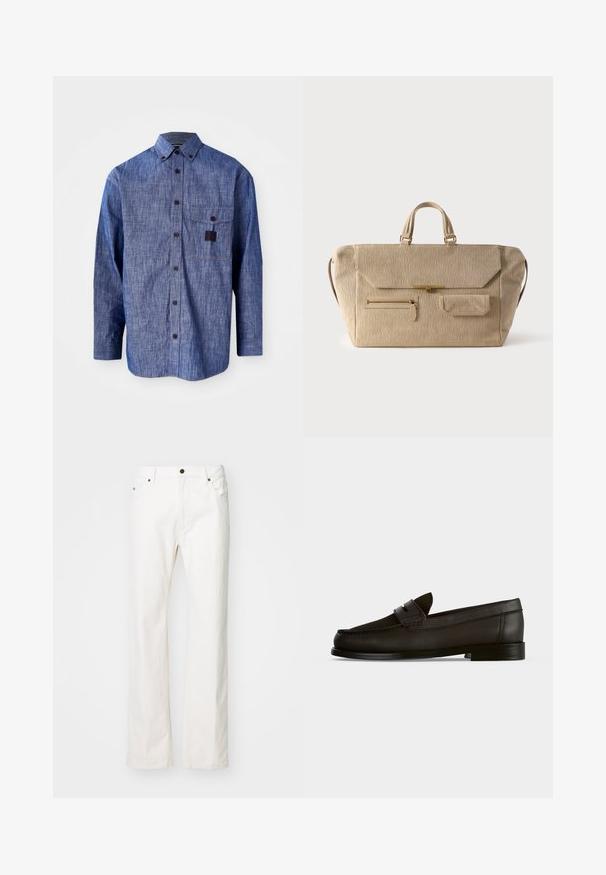 Blaues Denim-Hemd mit langen Ärmeln und Button-Down-Kragen, Brusttasche und subtiler Textur. Verfügt über dunkle Knöpfe und kontrastierende Nähte.; Weiße Jeans mit geradem Bein, ausgestattet mit einem Fünf-Taschen-Design, einem Metallknopfverschluss und minimalen Nähten.; Schwarzer Leder-Pennyloafer mit niedrigem Absatz, abgerundetem Zeh und Riemendetail vorne, seitlich gesehen auf einfarbigem Hintergrund.; Beige Cordtasche aus Cord mit zwei Griffen, Überschlagverschluss, vorderer Reißverschlusstasche und kleiner Überschlagtasche vor weißem Hintergrund.
