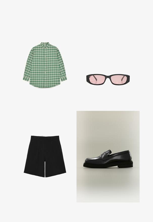 Chemise à boutons à carreaux verts et blancs, manches longues, col, ourlet arrondi, avec un motif carré régulier et une texture subtile.; Short noir sur mesure avec passants de ceinture, plis devant et poches latérales, posé à plat sur un fond blanc.; Mocassin penny en cuir noir avec un bout arrondi, des détails cousus et un petit talon empilé sur un fond neutre uni.; Lunettes de soleil rectangulaires noires avec des verres étroits teintés de rose reposant sur une surface blanche.