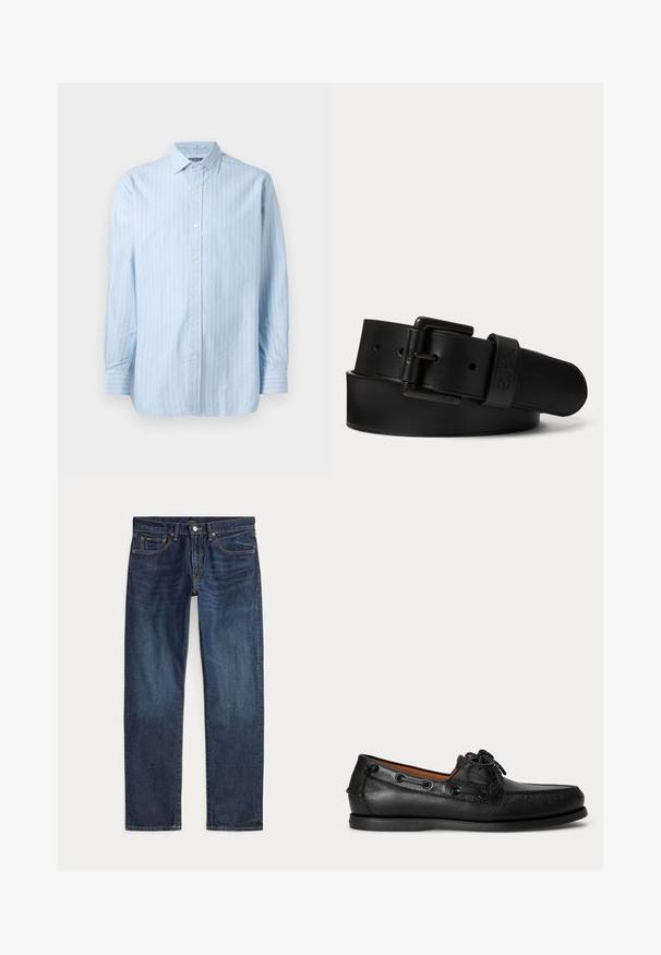 Camisa de manga larga azul claro con rayas verticales blancas, cuello con botones y cierres de botón en el frente. Tejido de algodón texturizado.; Vaqueros de mezclilla azul oscuro de corte recto con bolsillos delanteros, trabillas para cinturón y cierre de botón metálico sobre un fondo liso.; Mocasín negro de cuero con detalle de cordones y suela baja de goma, visto de lado sobre un fondo claro y liso.; Cinturón de cuero negro con hebilla rectangular negra y logo en relieve en la trabilla, enrollado sobre un fondo claro y liso.