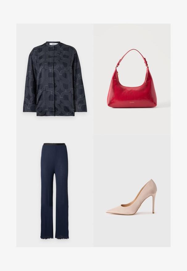 Marineblouse met een geometrisch wit patroon, met een mandarincol en lange mouwen, gemaakt van een gladde, glanzende stof.; Donkerblauwe gebreide broek met een uitlopende pasvorm, voorzien van een gladde zwarte tailleband en een gestructureerd geribd patroon over het gehele oppervlak.; Beige suède pump met hoge hak, een spitse neus en uitsnijdingen. Heeft een slank silhouet en een dunne naaldhak.; Rode leren schoudertas met gouden rits en verstelbare band, Calvin Klein-logo gecentreerd aan de voorkant.