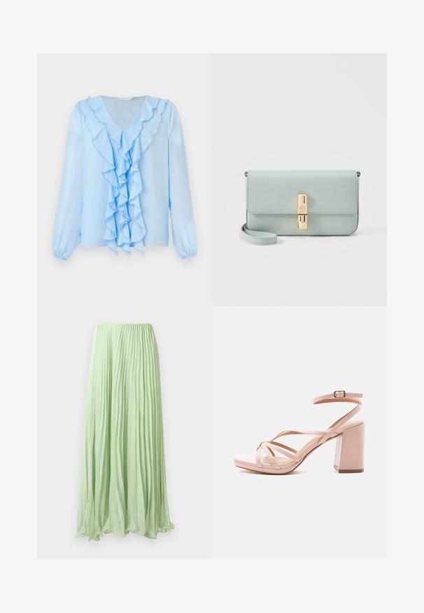 Lyseblå bluse med V-hals og rynket frontdetalje. Lange ærmer har elastiske manchetter, og stoffet ser glat og letvægtigt ud.; Lys grøn plisseret lang skirt lavet af let stof med elastisk talje, præsenteret mod en hvid baggrund.; Lyserøde damesandaler med hæl, krydsede remme og ankelspænde på blokhæl mod hvid baggrund.; Lyseblå læder clutch med guldfarvet rektangulært spænde og aftagelig håndledsrem på hvid baggrund.