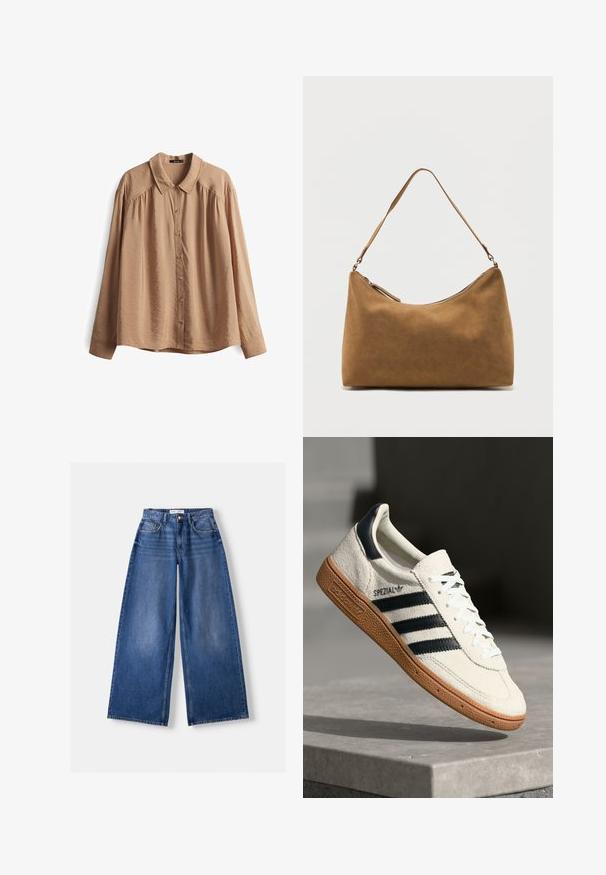 Beige overhemd met knoopsluiting, kraag, lange mouwen en een relaxte pasvorm. Gemaakt van een gladde stof met subtiele textuur en centrale knoopsluiting.; Wijd uitlopende blauwe spijkerbroek met voorkanten, riemlussen en knoopsluiting, plat liggend op een lichte achtergrond.; Witte suède sneakers met marineblauwe strepen, rubberen gumzool, gestructureerde bovenkant, ronde neus en veters; heeft branding aan de zijkant en op de tong.; Bruine suède schoudertas met een enkele band en een ritssluiting aan de bovenkant, gepresenteerd tegen een effen witte achtergrond.