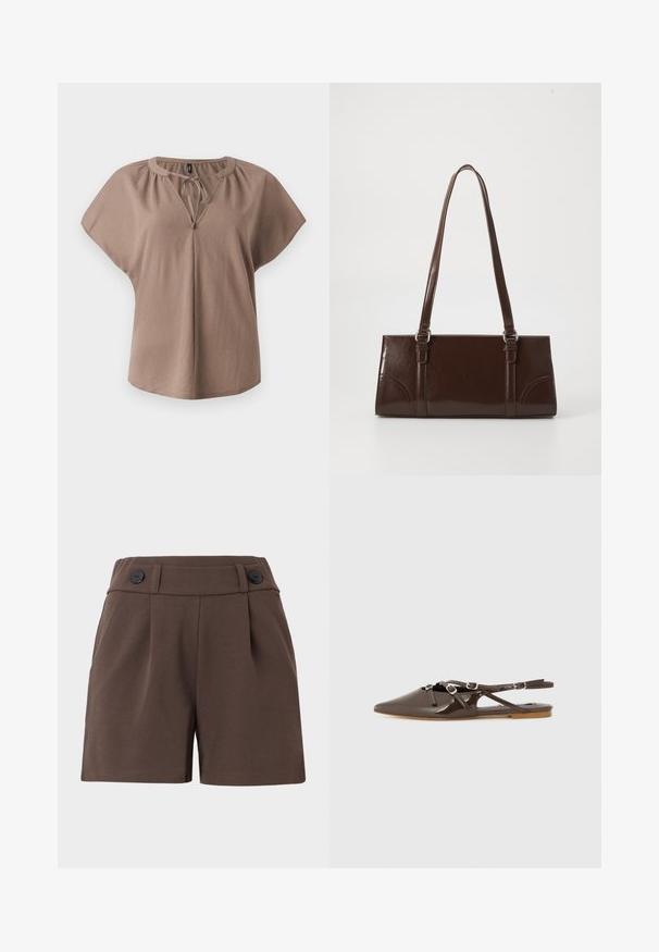 Chemisier marron à manches courtes avec un col en V, un détail à nouer et une coupe décontractée. Fabriqué en tissu doux avec une texture lisse et sans motifs.; Shorts bruns en tissu texturé, avec une taille haute, des plis et deux boutons noirs à l'avant. Conception taillée avec des poches latérales.; Chaussure slingback en cuir verni marron avec un bout pointu, des brides ajustables et une semelle plate. Présente un design découpé pour une meilleure ventilation.; Sac à main en cuir verni marron de forme rectangulaire, avec deux longues poignées et des accents courbés subtils à l'avant.