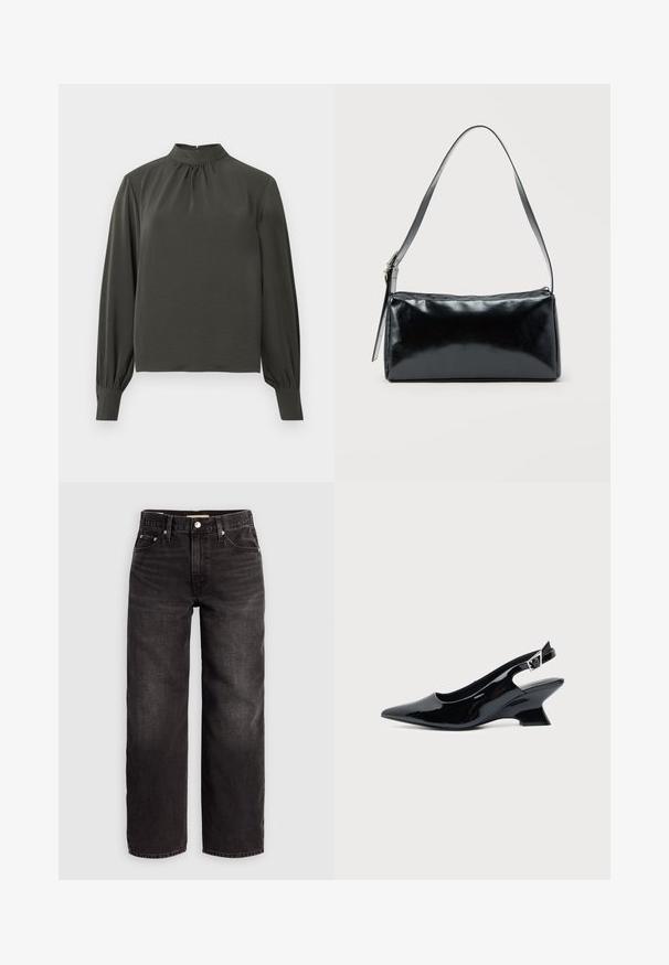 Mørkegrøn langærmet top med høj hals, der har samlet detaljer ved halsudskæringen og knaplukninger ved ærmerne. Fremstillet af glat, letvægtsstof.; Levi's® BAGGY DAD - Baggy jeans - shrink up; Sort laklæder slingback sko med spids tå og lav vinklet blokhæl på ensartet lys baggrund.; Sort rektangulær skuldertaske med en enkelt justerbar rem og lynlås i toppen på en ensfarvet baggrund.