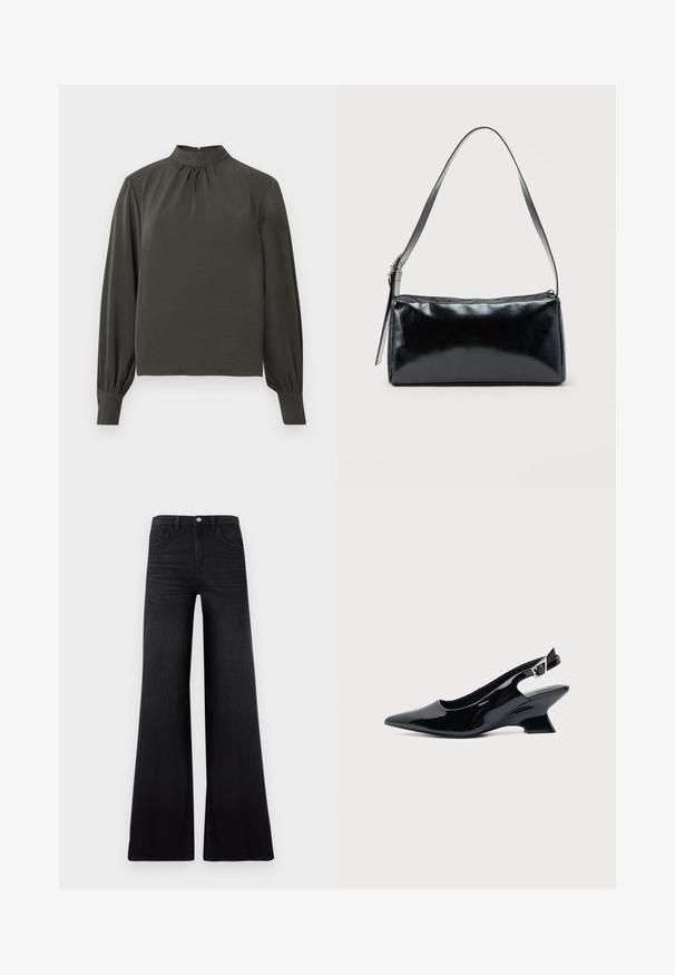 Top de manga larga verde oscuro con cuello alto, que presenta detalles fruncidos en el escote y puños con botones. Fabricado con una tela suave y ligera.; Jeans negros de pierna ancha hechos de mezclilla, con cintura alta, bolsillos delanteros y un acabado liso y texturizado con un desvanecimiento mínimo.; Zapato slingback de cuero charol negro con puntera puntiaguda y tacón bajo en bloque inclinado sobre fondo claro liso.; Bolso de hombro rectangular negro con una correa ajustable y un cierre de cremallera superior sobre un fondo liso.