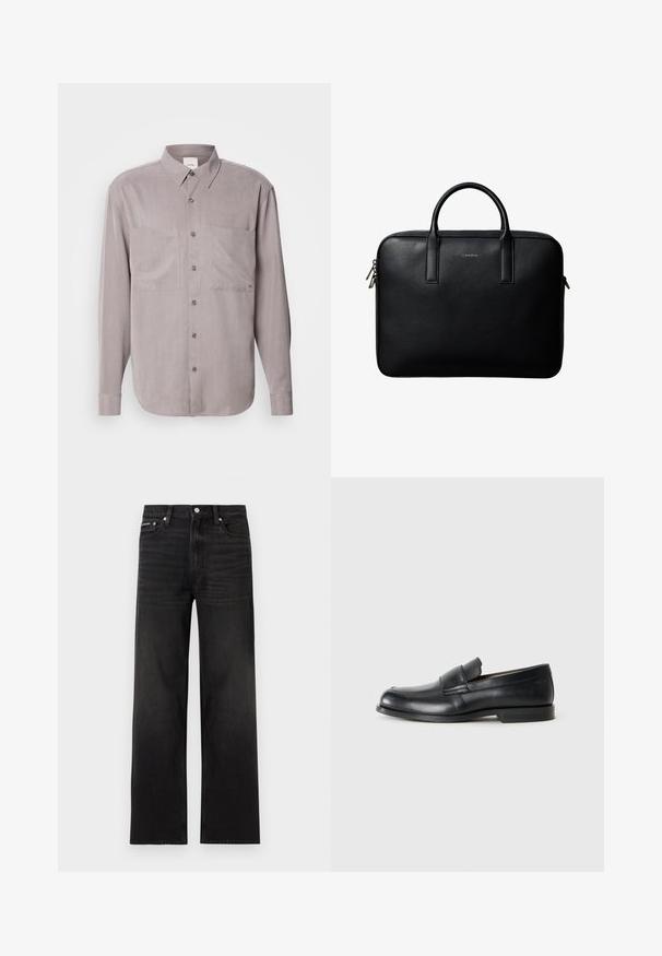 Langærmet button-up skjorte i dæmpet grå stof, med to brystlommer, en klassisk krave og tonal knaplukning.; Sorte jeans med lige ben, fem-lomme design, bæltestropper og knaplukning, vist på en hvid baggrund.; Sorte læder loafers med rund tå, syet detaljer og en flad gummisål. Har en bred rem over vristen.; Sort tekstureret lædermappe med dobbelte håndtag og sølv lynlås, centreret på hvid baggrund.