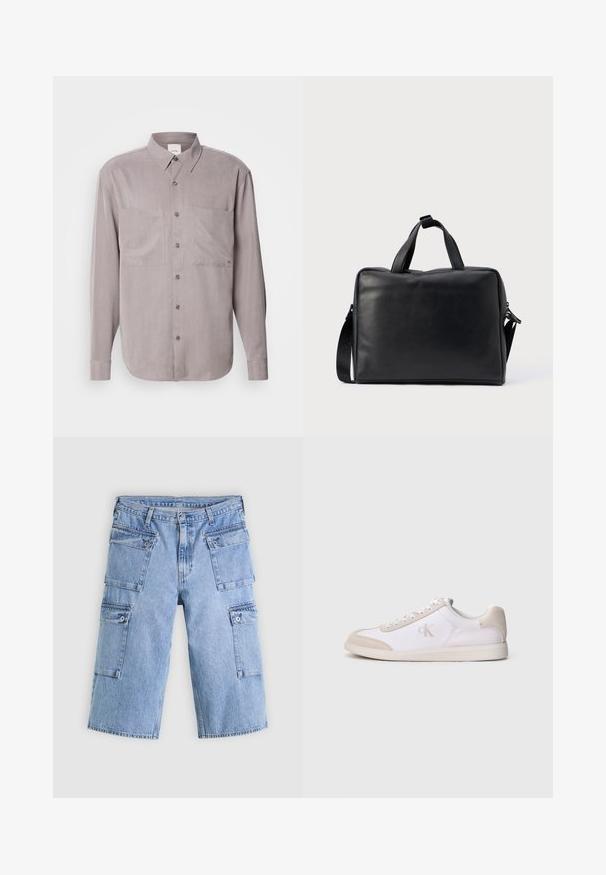 Langærmet button-up skjorte i dæmpet grå stof, med to brystlommer, en klassisk krave og tonal knaplukning.; Lyseblå denim cargo-shorts med fire lommer med klap og knaplukning, vist fladt på en lys baggrund.; Hvid og beige lavsko med snørelukning foran, ruskindsdetaljer og "cK" logo på siden, vist i profil mod en ensfarvet baggrund.; Sort lædertaske med rektangulært design, to håndtag, aftagelig skulderrem og få dekorationer.