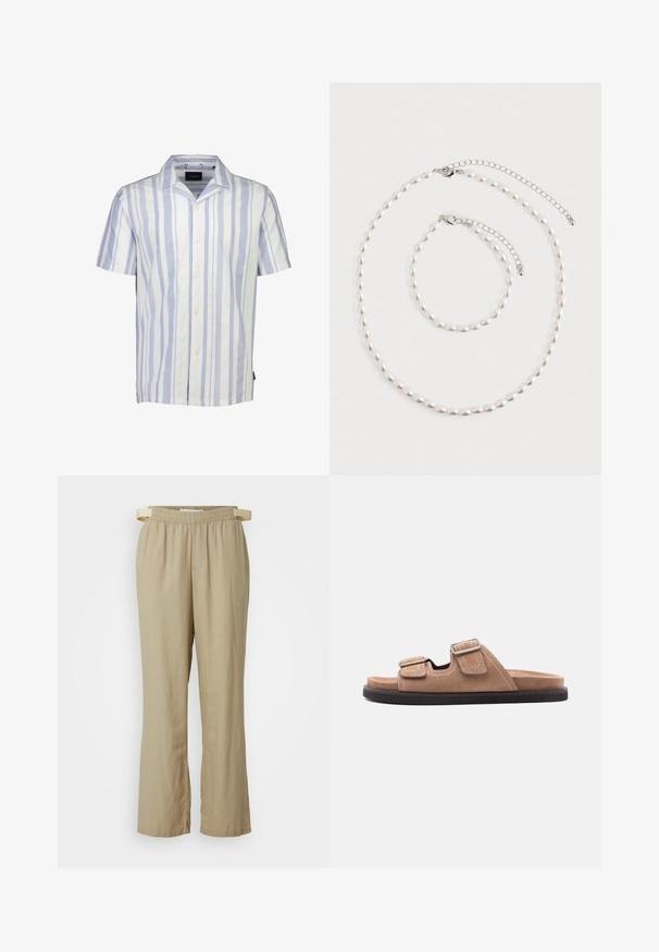 Kortærmet button-up skjorte i hvid og lyseblå lodrette striber. Fremstillet af letvægtigt stof med klassisk krave og fem knapper.; Beige, brede bukser lavet af letvægtigt stof. Elastisk talje med bindebånd. Har foran lommer og lige ben.; Brun ruskinds slidessandal med sort sål, med to justerbare remme med spænder og hvide syninger, set fra siden på hvid baggrund.; Perle halskæde og matchende armbånd med sølv kæde låse arrangeret på en hvid baggrund.