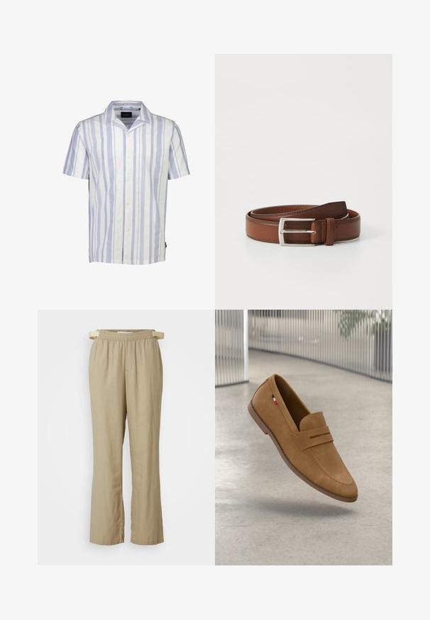 Kortærmet button-up skjorte i hvid og lyseblå lodrette striber. Fremstillet af letvægtigt stof med klassisk krave og fem knapper.; Beige, brede bukser lavet af letvægtigt stof. Elastisk talje med bindebånd. Har foran lommer og lige ben.; Brune loafers i ruskind med flad sål, der har et dekorativt bånd over overdelen og en lille rød, hvid og blå detalje.; Brun læderbælte med en glat overflade, præget af en sølvfarvet metalspænde og diskret syning langs kanterne. Klassisk og holdbart design.