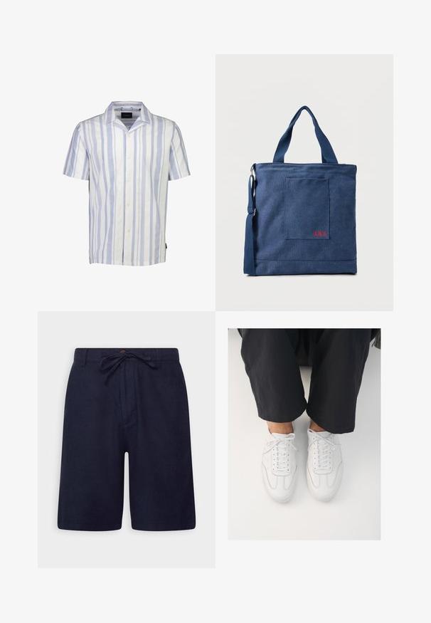 Kortærmet button-up skjorte i hvid og lyseblå lodrette striber. Fremstillet af letvægtigt stof med klassisk krave og fem knapper.; Marineblå shorts lavet af et let materiale, med elastisk talje, knaplukning og sidelommer. Glat tekstur og skræddersyet pasform.; Hvide lædersneakers med en glat overflade, rund tå og klassisk snøresystem, placeret over mørke, løse bukser.; Blå lærredstote taske med frontlomme og rød "O.N.S" broderi, med to håndtag og en justerbar skulderrem.