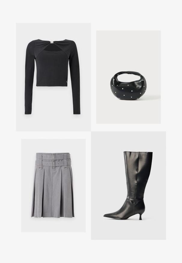 Μαύρο crop top με μακριά μανίκια και κομψή λεπτομέρεια με άνοιγμα στο μπροστινό μέρος, στερεωμένο με μικρό τετράγωνο κόσμημα με κρυσταλλάκια στο ντεκολτέ.; Γκρι πλισέ φούστα με ρίγες, διπλή ζώνη και ασημένιες αγκράφες, με λεπτομέρειες D-ring στη μέση.; Μαύρη δερμάτινη μπότα μέχρι το γόνατο με μυτερό μπροστινό μέρος και χαμηλό τακούνι στιλέτο, εμφανίζεται σε απλό φωτεινό φόντο.; Μαύρη δερμάτινη τσάντα χειρός με στρογγυλεμένο σχήμα, διακοσμημένη με ασημένιες λεπτομέρειες με καρφιά και κοντή λαβή. Λείο υλικό και κλείσιμο με φερμουάρ.