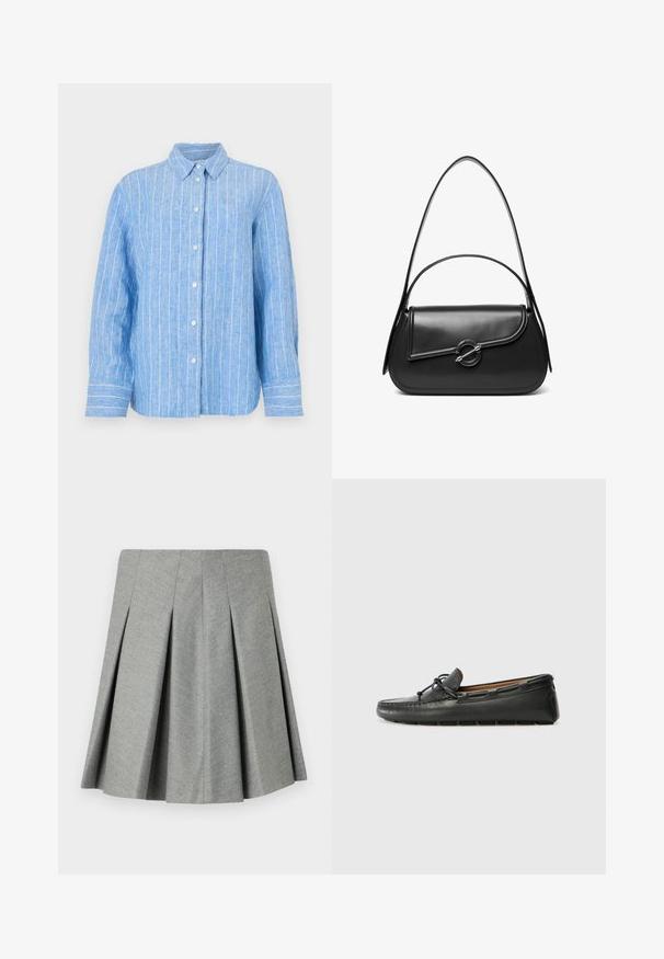 Camisa de lino azul claro con rayas verticales blancas, de mangas largas, con cierre de botones en la parte delantera y un cuello clásico. Tejido texturizado con un corte relajado.; Falda gris con pliegues hecha de tejido texturizado, que presenta una cinturilla ajustada y un diseño acampanado. Sin hardware ni acentos visibles.; Zapato náutico de cuero negro con punta redondeada, detalles de costura, pequeño lazo decorativo y suela de goma. Textura suave y diseño aerodinámico.; Bolso de hombro de cuero negro con una solapa curva asegurada por un broche metálico redondo y una correa delgada y ajustable.