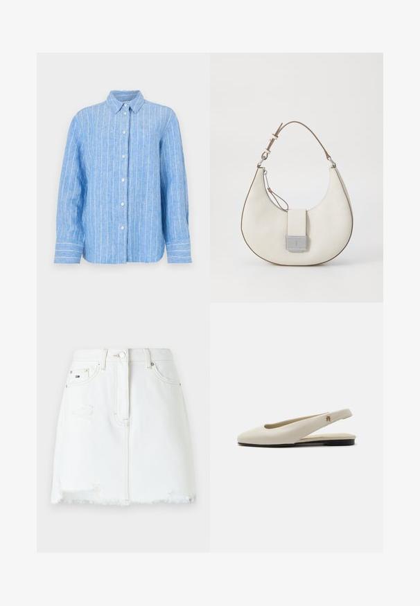 Lichtblauw linnen overhemd met witte verticale strepen, lange mouwen, knoopsluiting aan de voorkant en een klassieke kraag. Geverweven stof met een ontspannen pasvorm.; Witte denim mini-jurk met rafelige zoom, versleten details en voorzakken. Voorzien van een knoopsluiting en zichtbare stiksels.; Crèmekleurige leren slingback platte schoen met ronde neus en klein gouden embleem op het bandje.; Witte leren handtas met een gebogen vorm, contrasterende bruine accenten, een zilveren sluiting en een gestructureerde afwerking. Voorzien van een enkele schouderband.