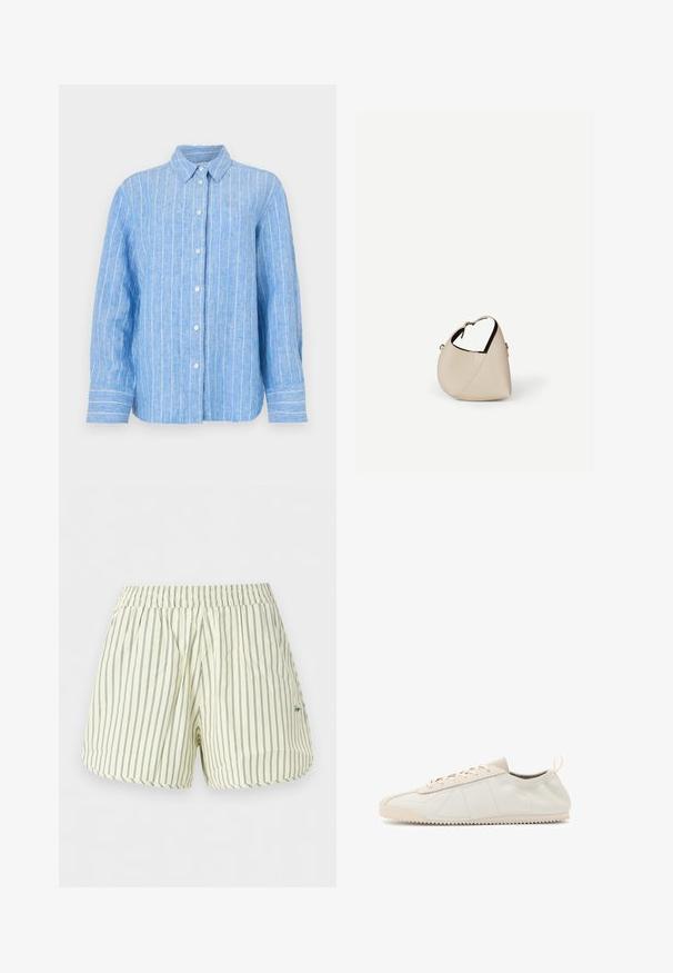 Camisa de lino azul claro con rayas verticales blancas, de mangas largas, con cierre de botones en la parte delantera y un cuello clásico. Tejido texturizado con un corte relajado.; Pantalones cortos crema claros con finas rayas verticales verde oscuro y una cintura elástica, con texto pequeño bordado en el lateral.; Zapatillas de cuero crema con puntera redondeada, diseño de cordones, acentos texturizados y suela de goma texturizada con patrón de tracción en zigzag.; Bolso de cuero beige en forma de media luna con una sola correa para el hombro y costuras mínimas, colocado sobre un fondo blanco liso.