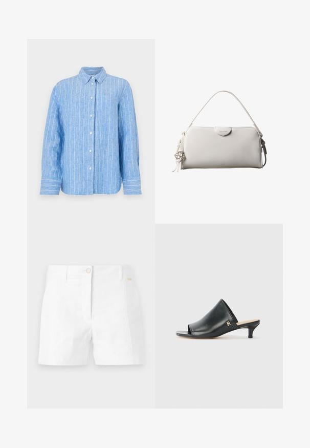 Camisa de lino azul claro con rayas verticales blancas, de mangas largas, con cierre de botones en la parte delantera y un cuello clásico. Tejido texturizado con un corte relajado.; Pantalones cortos de algodón blancos con corte recto, que presentan un cierre frontal con botones y bolsillos laterales. Textura suave con un detalle mínimo.; Mules de cuero negro de punta abierta con un tacón bajo. Presentan una superficie lisa y un acento del logo dorado en el costado.; Bolso rectangular blanco de Calvin Klein con un solo asa, diseño minimalista y borlas decorativas con un charm metálico geométrico en el lateral.