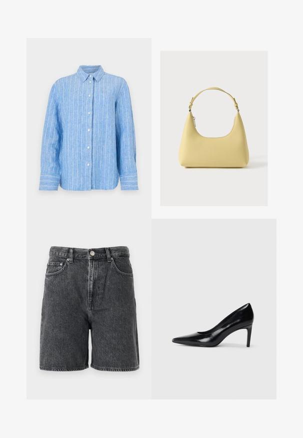 Camisa de lino azul claro con rayas verticales blancas, de mangas largas, con cierre de botones en la parte delantera y un cuello clásico. Tejido texturizado con un corte relajado.; Pantalones cortos de mezclilla negra con bucles para cinturón, botón frontal, cierre con cremallera y diseño clásico de cinco bolsillos.; Zapato de tacón alto de cuero negro con punta afilada, textura suave y tacón en forma de cono. Diseño minimalista, sin adornos adicionales.; Bolso de cuero amarillo con una silueta curva, correa corta ajustable y compartimento con cremallera. Presenta un logo sutil en el frente.