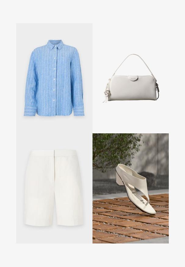 Camisa de lino azul claro con rayas verticales blancas, de mangas largas, con cierre de botones en la parte delantera y un cuello clásico. Tejido texturizado con un corte relajado.; Pantalones cortos de algodón blancos con un corte recto, frente plano y una textura sutil. Presentan una cintura y sin bolsillos visibles. Diseño simple.; Sandalia de tacón de cuero blanco con una tira ancha y separador de dedos, mostrada al aire libre sobre una superficie de madera y baldosas de grava con vegetación al fondo.; Bolso rectangular blanco de Calvin Klein con un solo asa, diseño minimalista y borlas decorativas con un charm metálico geométrico en el lateral.