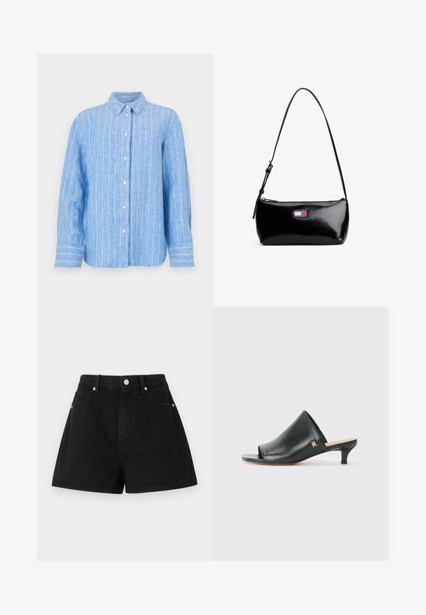 Camisa de lino azul claro con rayas verticales blancas, de mangas largas, con cierre de botones en la parte delantera y un cuello clásico. Tejido texturizado con un corte relajado.; Bermudas de mezclilla negra con cintura alta, cinco bolsillos, herrajes en plata y un ajuste estándar, que cuentan con una textura suave y un acabado limpio.; Mules de cuero negro de punta abierta con un tacón bajo. Presentan una superficie lisa y un acento del logo dorado en el costado.; Bolso de hombro de charol negro con una correa curva, cierre de cremallera y un parche de logo rectangular en rojo, blanco y azul.