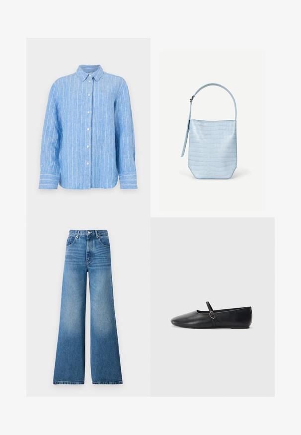 Camisa de lino azul claro con rayas verticales blancas, de mangas largas, con cierre de botones en la parte delantera y un cuello clásico. Tejido texturizado con un corte relajado.; Jeans de mezclilla azul de cintura alta con corte de pierna ancha, que presentan un ligero desvanecimiento, diseño clásico de cinco bolsillos y cierre de botón de metal.; Bailarinas de cuero negro con punta afilada, suela plana y una pequeña correa con detalle de hebilla plateada.; Bolso de mano azul claro con textura de cocodrilo, forma rectangular, asa superior única y una correa colgante lateral sobre un fondo blanco liso.