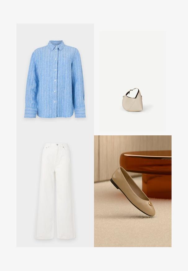 Camisa de lino azul claro con rayas verticales blancas, de mangas largas, con cierre de botones en la parte delantera y un cuello clásico. Tejido texturizado con un corte relajado.; Jeans de mezclilla de cintura alta y pierna ancha en color blanco. Cuenta con bolsillos delanteros, un cierre de botón y detalles de dobladillo deshilachado.; Bailarina plana de cuero beige con suela negra y emblema dorado en la punta, situada sobre una alfombra crema junto a un mueble redondeado de color ámbar.; Bolso de cuero beige en forma de media luna con una sola correa para el hombro y costuras mínimas, colocado sobre un fondo blanco liso.