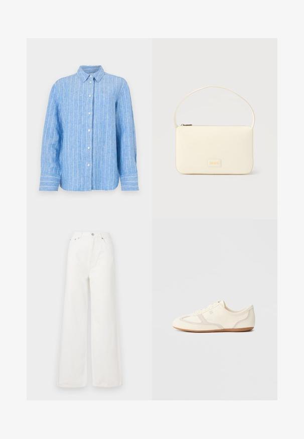Camisa de lino azul claro con rayas verticales blancas, de mangas largas, con cierre de botones en la parte delantera y un cuello clásico. Tejido texturizado con un corte relajado.; Jeans de mezclilla de cintura alta y pierna ancha en color blanco. Cuenta con bolsillos delanteros, un cierre de botón y detalles de dobladillo deshilachado.; Zapatillas de color crema con parte superior de ante y tela, puntera redondeada y suela de goma con un detalle en beige. Diseño con cordones.; Bolso rectangular color crema con una sola correa y cremallera superior, con una pequeña placa de logotipo en relieve en el frente.