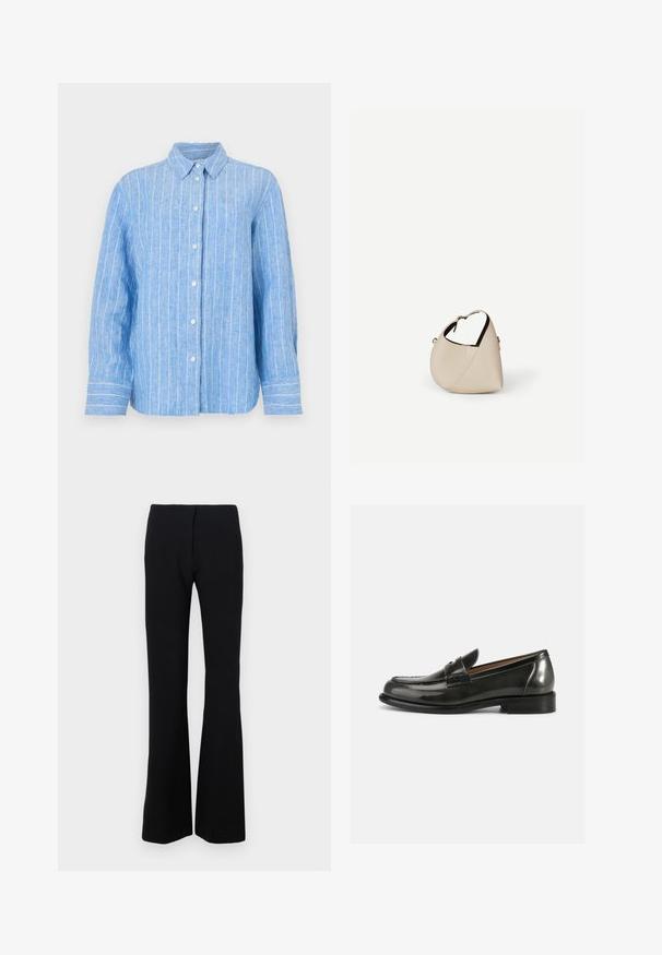 Camisa de lino azul claro con rayas verticales blancas, de mangas largas, con cierre de botones en la parte delantera y un cuello clásico. Tejido texturizado con un corte relajado.; Pantalones de campana negros en tejido elástico con una textura suave y una cintura ajustada. Sin cierres ni estampados visibles.; Mocasines de charol negro con un diseño estructurado, punta redondeada y detalles cosidos en la parte superior, con un tacón bajo apilado.; Bolso de cuero beige en forma de media luna con una sola correa para el hombro y costuras mínimas, colocado sobre un fondo blanco liso.