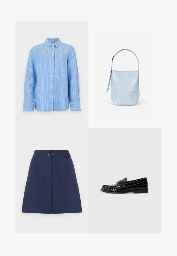 Camisa de lino azul claro con rayas verticales blancas, de mangas largas, con cierre de botones en la parte delantera y un cuello clásico. Tejido texturizado con un corte relajado.; Shorts ajustados de color azul marino con cinturón, que cuentan con un lazo para el cinturón, detalles de pliegues y una textura de tela suave. Corte recto estándar.; Mocasines de cuero negro con puntera redondeada, costuras decorativas y un pequeño acento dorado en el empeine. Suela plana de goma, diseño elegante.; Bolso de mano azul claro con textura de cocodrilo, forma rectangular, asa superior única y una correa colgante lateral sobre un fondo blanco liso.