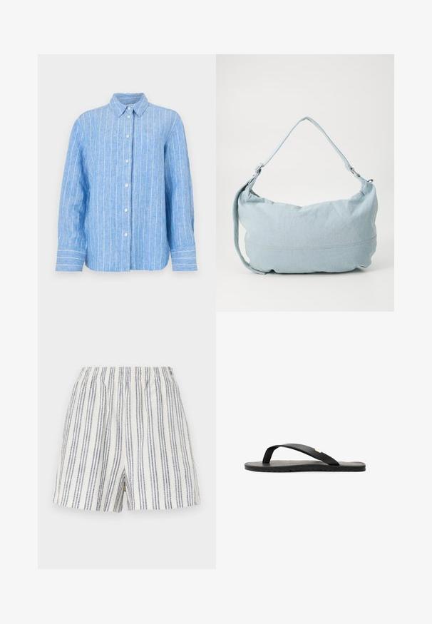Camisa de lino azul claro con rayas verticales blancas, de mangas largas, con cierre de botones en la parte delantera y un cuello clásico. Tejido texturizado con un corte relajado.; Pantalones cortos a rayas confeccionados en una tela ligera, con rayas verticales azules y blancas, una cintura elástica y un corte relajado.; Chancla negra con suela plana, plantilla negra texturizada, tiras lisas y un pequeño acento dorado cerca de la parte del dedo.; Bolso de hombro de denim azul claro con forma redondeada, correa ajustable y un sutil detalle de costura en el borde inferior. Textura suave.