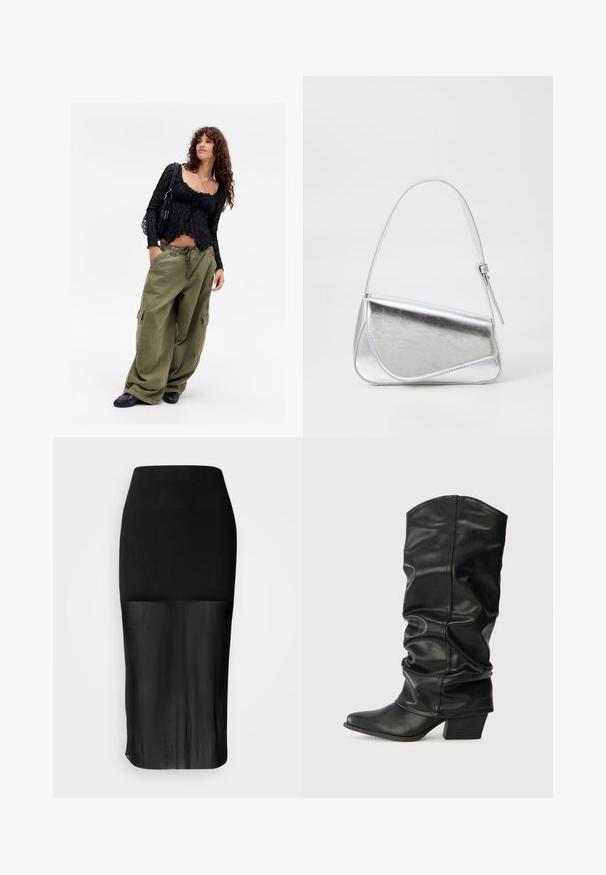Jonge vrouw met krullend haar, gekleed in een zwarte kanten top, met gelaagde kettingen, oversized olijfgroene cargobroek, zwarte schoenen en een zwarte schoudertas.; Zwarte midi-rok met een aansluitende tailleband, voorzien van een doorzichtige onderste paneel. Soepele textuur met een strakke silhoeet en geen zichtbare patronen.; Zwarte leren laarzen tot de knie met een verslonden ontwerp, puntige neus en een chunky hak, voorzien van een zachte textuur en minimale stiksels.; Zilveren metalen handtas met een driehoekige vorm, gladde textuur en een dunne, verstelbare schouderriem. Kenmerkt zich door een omklapbaar ontwerp met stiksels.