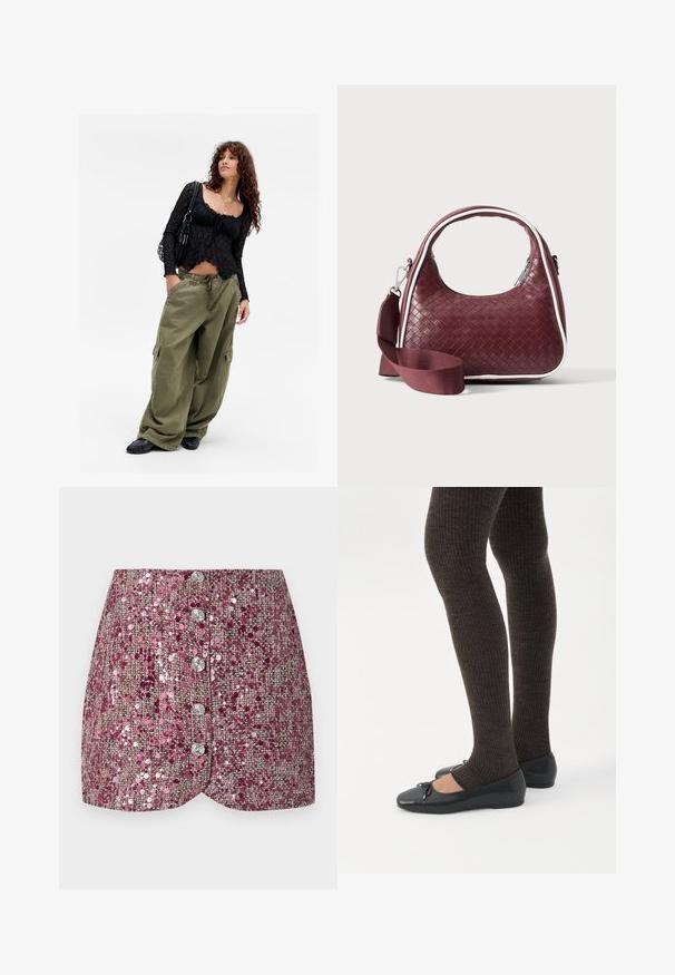 Joven con cabello rizado, vistiendo una blusa de encaje negro, collares en capas, pantalones cargo oliva de gran tamaño, zapatos negros y llevando un bolso de hombro negro.; Falda de lentejuelas rosas con un tejido texturizado, que presenta un diseño ajustado y cinco botones plateados en la parte delantera. Dobladillo moldeado y detalles brillantes.; Piernas con leggings oscuros acanalados combinados con bailarinas negras que presentan pequeños detalles de lazo sobre un fondo blanco.; Bolso de mano de cuero tejido color granate con asa curva, ribete blanco, cremallera plateada y correa desmontable de tela ancha para el hombro sobre fondo liso.