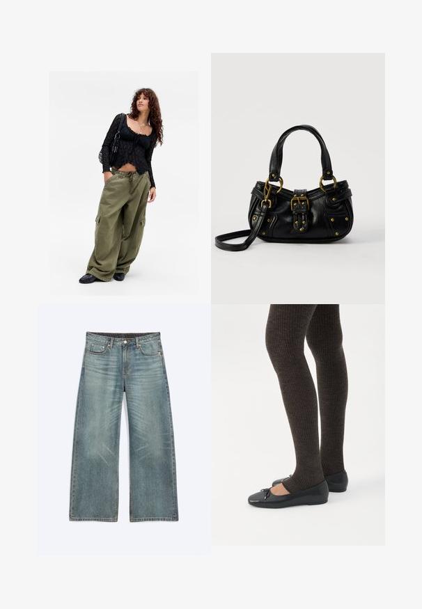 Ung kvinde med krøllet hår iført en sort blondetop, lagdelte halskæder, overdimensionerede olivenfarvede cargo-bukser, sorte sko og bærende en sort skuldertaske.; Blå vidde jeans med forlommer, bæltestropper, knaplukning og subtile falmede detaljer på lår og knæ.; Ben iført mørke ribbede leggings kombineret med sorte balletsko med små sløjfedetaljer på hvid baggrund.; Sort læderhåndtaske med guldbælge og nitdetaljer, korte håndtag og en justerbar skulderrem på en ensfarvet hvid baggrund.