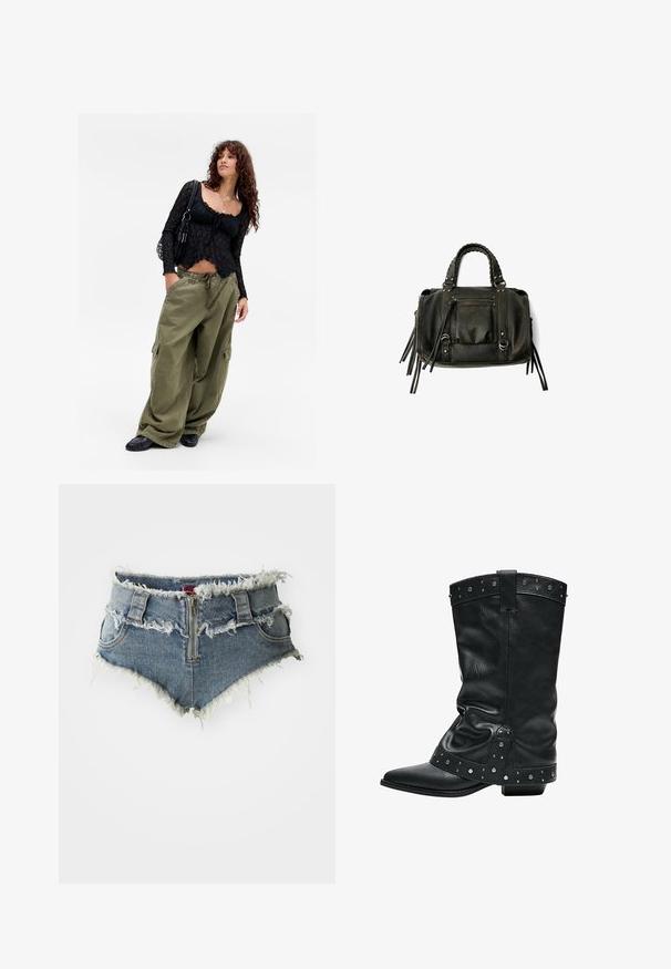 Jonge vrouw met krullend haar, gekleed in een zwarte kanten top, met gelaagde kettingen, oversized olijfgroene cargobroek, zwarte schoenen en een zwarte schoudertas.; Denim shorts met rafelige zoom, hoge taille, rits aan de voorkant en twee zijzakken. Het materiaal is een vervaagde blauwe denim met versleten details.; Zwarte leren mid-kuitlaars met een lage hak, versierd met zilverkleurige studs langs de bovenrand en rond de enkelriem.; Zwarte lederen handtas met gevlochten handvatten, ritsvak en hangende franjes. Gelaagde oppervlakte met metalen studs en hardwareaccenten.