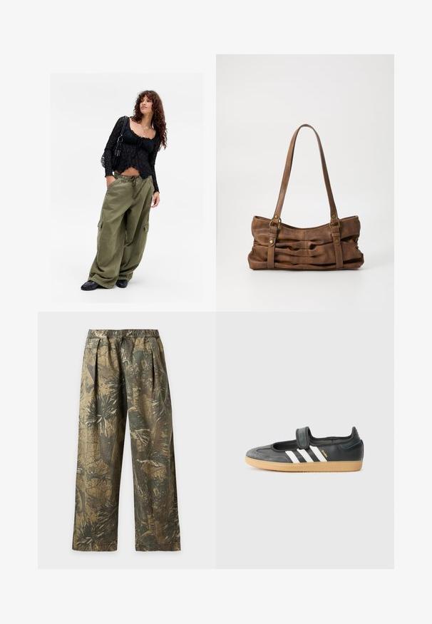 Jeune femme aux cheveux bouclés portant un haut en dentelle noire, des colliers superposés, un pantalon cargo olive surdimensionné, des chaussures noires et portant un sac à bandoulière noir.; Pantalon ample avec taille élastique, doté d'un imprimé camouflage de feuilles tropicales vertes et marron.; Sneaker en cuir noir et suède avec une sangle Velcro, arborant trois bandes blanches et une semelle en caoutchouc, étiqueté "SAMBA" sur le côté.; Even&Odd Sac à main - brown