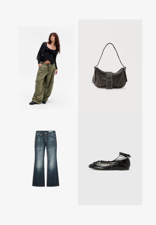 Jonge vrouw met krullend haar, gekleed in een zwarte kanten top, met gelaagde kettingen, oversized olijfgroene cargobroek, zwarte schoenen en een zwarte schoudertas.; Donkerblauwe bootcut jeans met vervaagde gebieden op de dijen en knieën, ontwerp met vijf zakken en metalen knoopsluiting.; Zwarte ballerina's van lakleer met een afgeronde neus, veterdesign en een platte zool. Glad oppervlak met minimale details.; Zwarte leren schoudertas met gespsluiting aan de riem, afgeronde hoeken en contrasterende witte stiksels op een effen achtergrond.