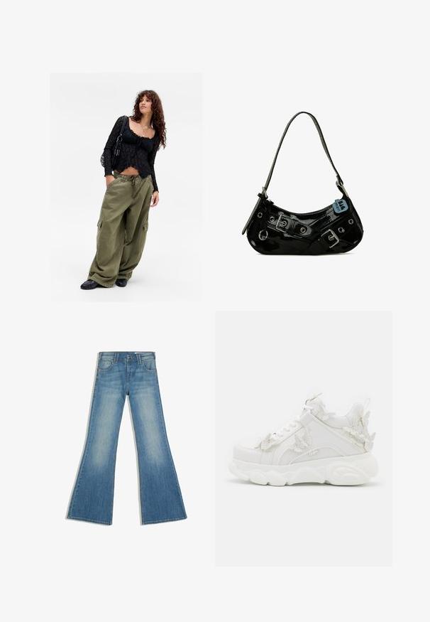 Jonge vrouw met krullend haar, gekleed in een zwarte kanten top, met gelaagde kettingen, oversized olijfgroene cargobroek, zwarte schoenen en een zwarte schoudertas.; Blauwe spijkerbroek met uitlopende pijpen, voorzakken en knoopsluiting, afgebeeld tegen een witte achtergrond.; Witte chunky sneaker met dikke zool en decoratieve 3D vlinderaccenten aan de zijkant, veters en hiel.; Zwarte gepatineerde leren handtas met een gebogen vorm, voorzien van zilveren hardware, decoratieve sluitingen en een korte schouderband. Blauwe label bevestigd.