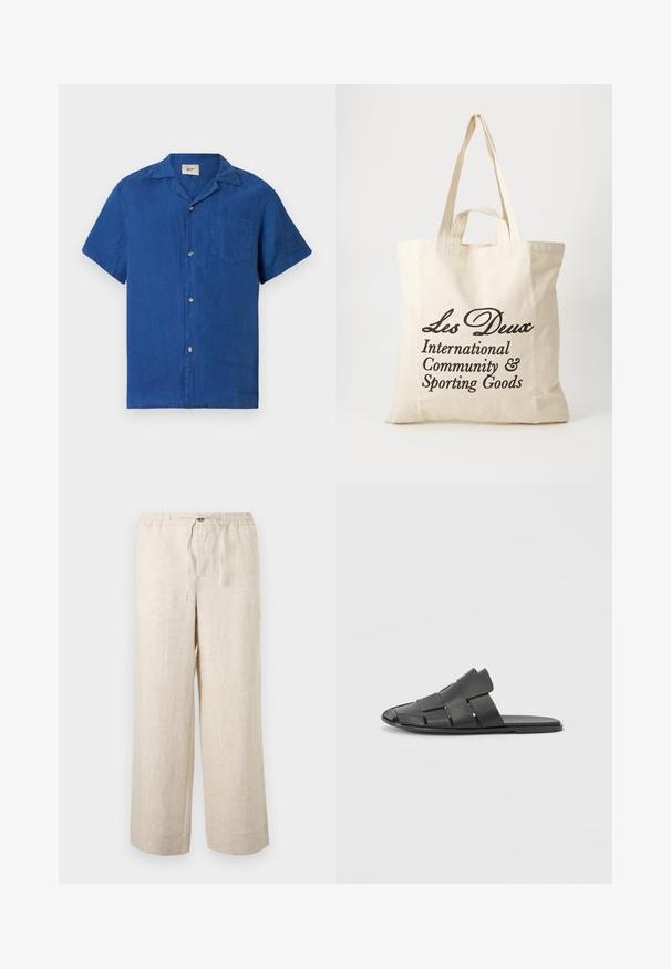 Chemise bleu à manches courtes avec col camp et poche poitrine, présentée à plat sur un fond blanc.; Pantalon large en lin beige avec taille élastique, bouton à l'avant et fermeture par cordon, présenté sur un fond clair uni.; Sandale noire à enfiler avec dessus en cuir tressé, conception à bout ouvert et semelle plate. Caractéristiques : texture lisse et esthétique minimaliste.; Sac tote en coton beige avec deux poignées robustes. Présente un texte imprimé en noir : "Les Deux International Community & Sporting Goods."