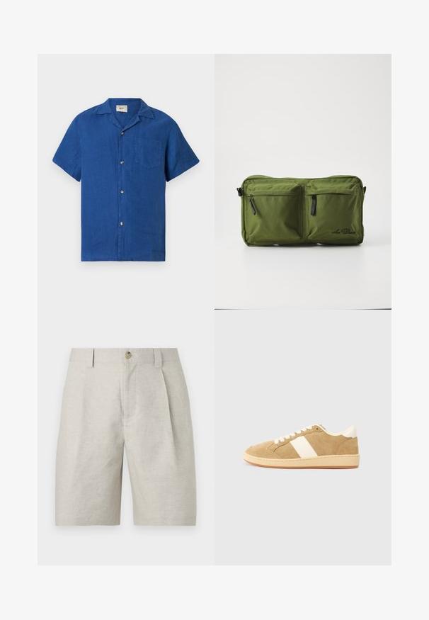 Chemise bleu à manches courtes avec col camp et poche poitrine, présentée à plat sur un fond blanc.; Short beige sur mesure avec plis à l'avant, passants pour ceinture et fermeture à un seul bouton à la taille.; Baskets en daim brun clair avec des accents en cuir blanc. Équipées d'une semelle en caoutchouc beige, d'un bout arrondi et d'un design à lacets classique.; Sac rectangulaire vert olive en tissu durable, avec deux poches zippées à l'avant et un logo. Texture lisse avec des zips noirs contrastants.
