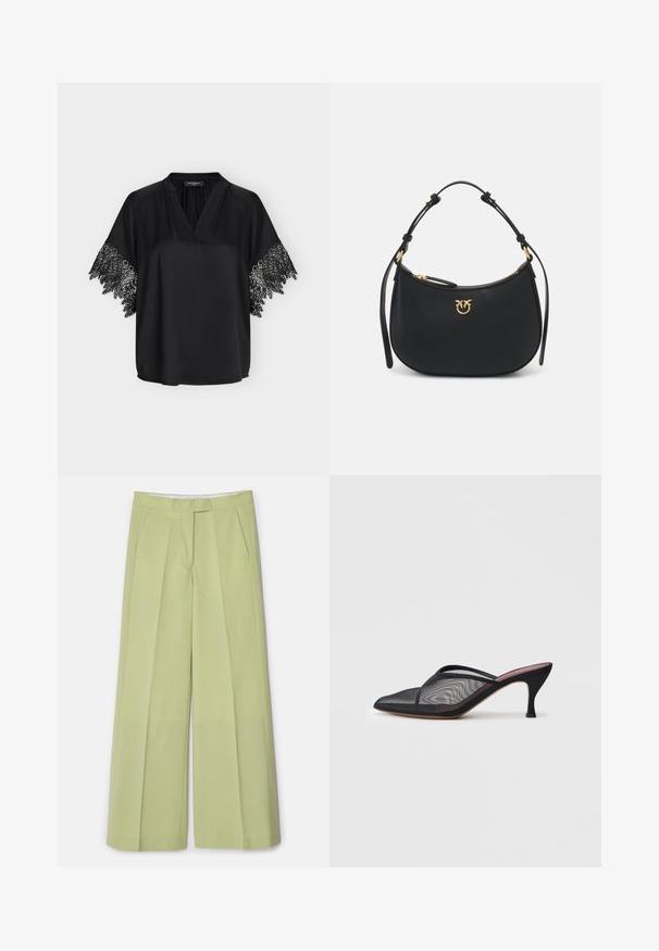Blouse en satin noir avec col en V et manches courtes ornées d'un délicat bord en dentelle.; Pantalons larges vert clair en tissu lisse, avec plis devant, deux poches latérales et une coupe droite.; Mule en mesh noir avec un bout pointu, de fines lanières et un talon stiletto de 3 pouces. Présente une texture transparente et une semelle tonale solide.; Sac à main en cuir noir avec une forme arrondie. Doté d'un logo doré, d'une fermeture éclair et de deux anses en cuir. Texture lisse et design minimaliste.