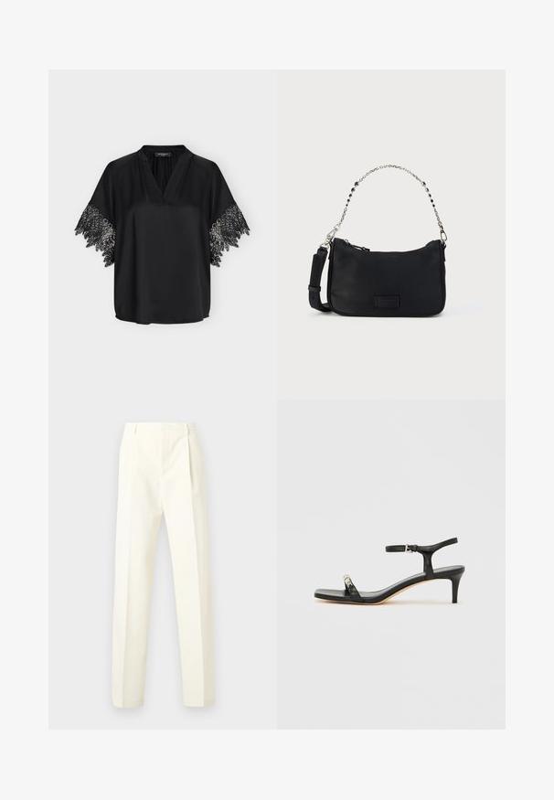 Blouse en satin noir avec col en V et manches courtes ornées d'un délicat bord en dentelle.; Pantalon pour homme en tissu crème clair, doté d'une taille haute, d'un devant plissé, d'une coupe droite, sans poches visibles ni détails métalliques.; Sandale noire en cuir à talon avec bride à la cheville, bout ouvert, devant carré et accent en métal argenté. Design ajusté avec un profil élégant.; Sac d'épaule en tissu noir avec fermeture éclair supérieure, bandoulière chaîne et cuir, et une pièce de logo texturée à l'avant. Présente un extérieur lisse.