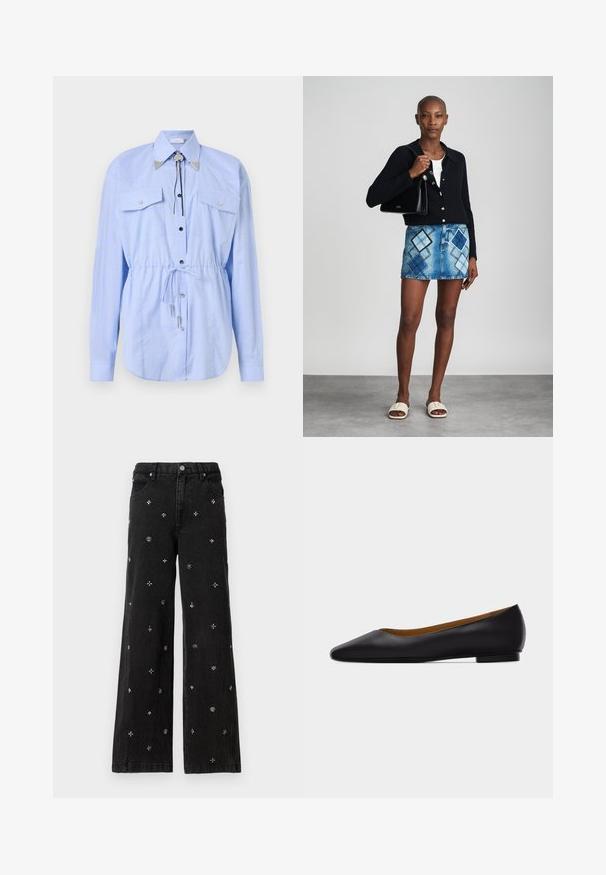 Rabanne Skjortebluser - tartan/blue/yellow; Sorte vide ben jeans lavet af denim med intrikate sølvperler og broderi i blomster- og geometriske mønstre overalt.; Sort læder flad sko med spids tå, lav hæl og glat finish, vist fra siden på en lysegrå baggrund.; Sort striktrøje, hvid top, denimnederdel med blå og sort diamantmønster, sort håndtaske og beige slidesandaler.