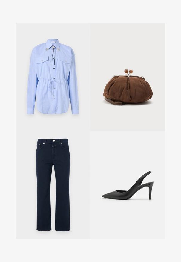 Rabanne Nööpidega pluus - tartan/blue/yellow; Tumesinine puuvilla teksad sirge lõikega, millel on viis taskut, lukuga ja metallist nupuga sulgemine. Sile tekstuur koos õmbluse detailidega.; Must musta sanga, millel on terav nina ja esiosas lõige, ning õhuke stiletto konts.; Pehme pruun seemisnahast randmekott hõbedase metallraami ja ümmarguste pruuni kinnitusega kuulidega lihtsal heledal taustal.