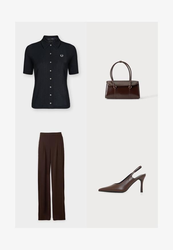 Polo noir à manches courtes avec boutons et col, avec un logo couronne de laurier brodé en blanc sur la poitrine gauche.; Pantalon droit taille haute marron foncé avec plis à l’avant et ceinture, présenté sur un fond clair uni.; Chaussure à talon haut slingback en cuir marron à bout pointu avec talon stiletto fin sur fond clair uni.; Sac à main en cuir brillant marron foncé avec un corps rectangulaire structuré et deux longues anses arrondies sur un fond clair uni.