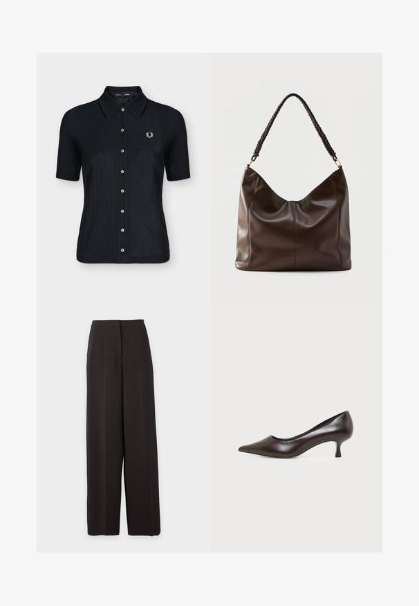 Polo noir à manches courtes avec boutons et col, avec un logo couronne de laurier brodé en blanc sur la poitrine gauche.; Pantalon noir taille haute à jambes larges avec un devant plat et une fermeture dissimulée, présenté sur un fond clair uni.; Escarpin en cuir marron foncé à bout pointu avec petit talon incurvé sur fond blanc.; Sac à bandoulière en cuir brun foncé avec une poignée tressée et des coutures apparentes sur le devant.