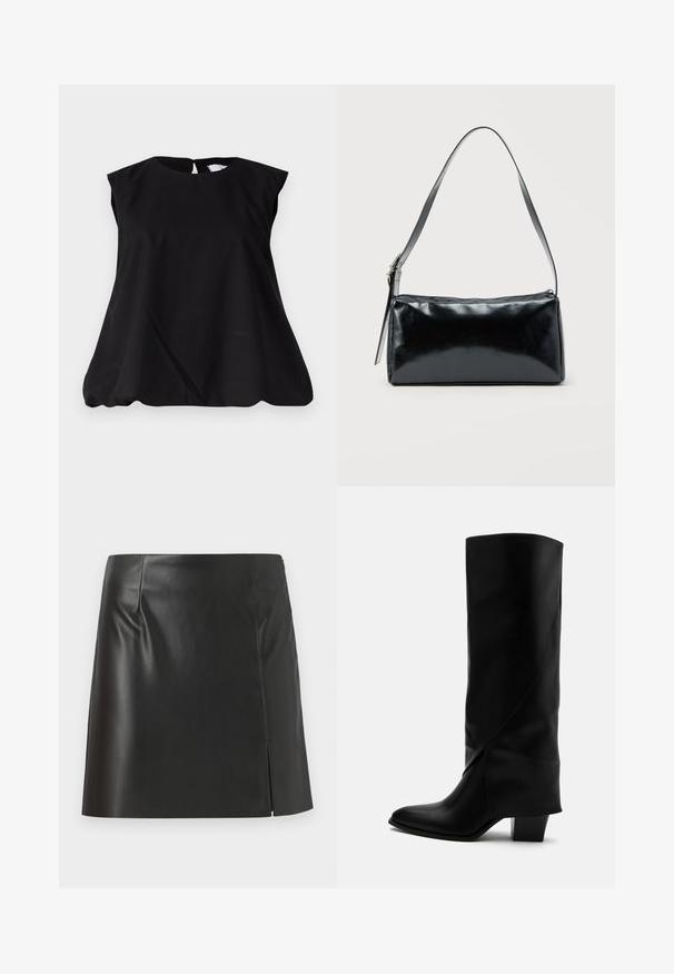 Sort ærmeløs top med rund halsudskæring, der har en nøglehul-rygdesign og en subtil A-formet facon for en afslappet pasform. Lavet af letvægtsstof.; Sorte læder miniskirt med lige snit, glat tekstur og lynlås på siden med en splitdetalje på den ene side.; Høj sort læderstøvle med skråt syning, spids tå og kraftig mellemhøj hæl på hvid baggrund.; Sort rektangulær skuldertaske med en enkelt justerbar rem og lynlås i toppen på en ensfarvet baggrund.