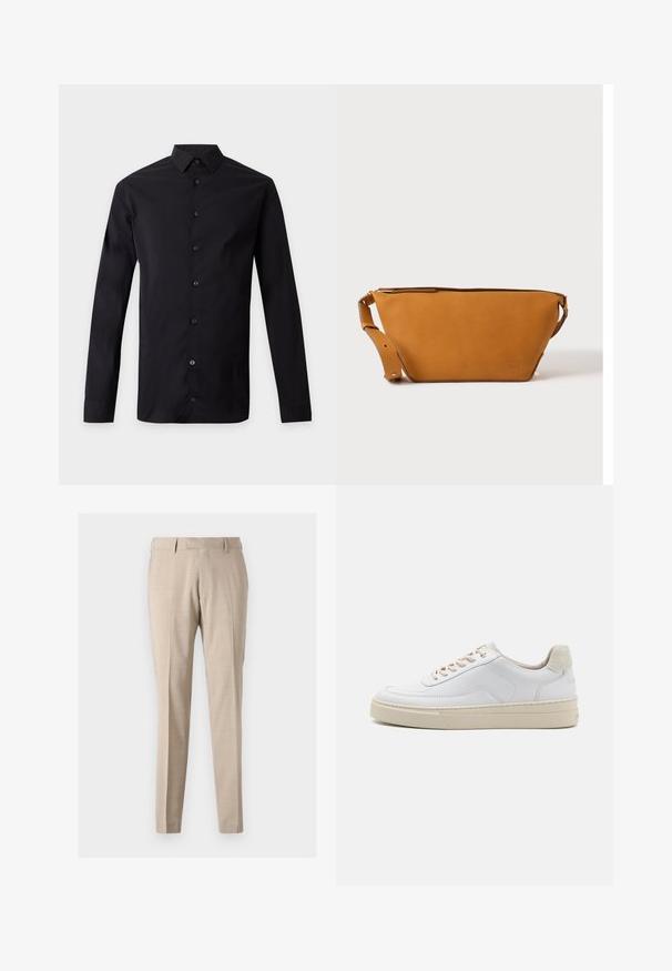 Sort langærmet skjorte med knapper og spids krave, vist fladt mod en lys grå baggrund.; Beige tapered bukser lavet af letvægtsstof, med forreste folder, to sidelommer og en glat tekstur.; Hvide sneakers med en glat læderoverdel, beige snørebånd og en tekstureret beige ruskindsheel-tab. Hævet sål for ekstra højde.; Lys brun læder crossbody taske med justerbar rem og lynlås, vist mod en ensartet lys baggrund.