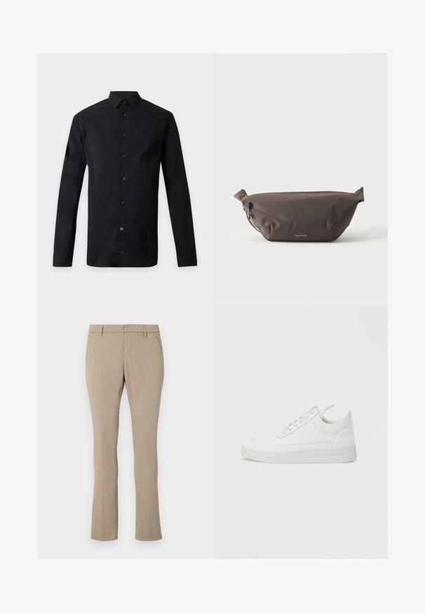 Chemise noire à manches longues avec boutons et col pointu, affichée à plat sur un fond gris clair.; Pantalons beige en mélange de coton, présentant une coupe slim, une jambe droite, des poches avant et une fermeture éclair avec bouton.; Baskets en cuir blanc avec un embout arrondi, une semelle plate et un laçage à l'avant. Présentent des détails de couture et un col rembourré pour plus de confort.; Sac banane en tissu marron foncé avec poche zippée en diagonale et petit logo blanc sur le devant, sur un fond clair uni.